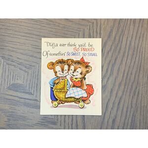 Cute Bears Family with Their New Baby, Vintage Used Greeting Card, Folding,